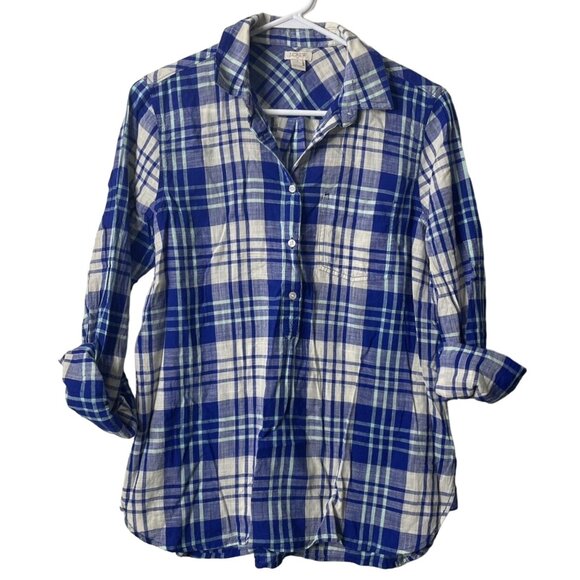 J. Crew Blue Plaid Popover Shirt Women's Size Extra Small 100% Cotton Roll Tab S - Picture 2 of 5
